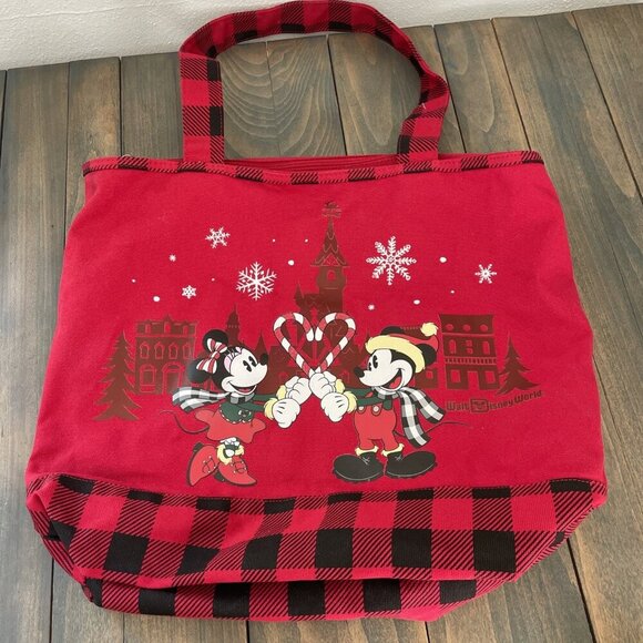 Disney Parks WDW Mickey Minnie Mouse Candy Cane Holiday Christmas Tote Bag (ST) - Picture 1 of 10